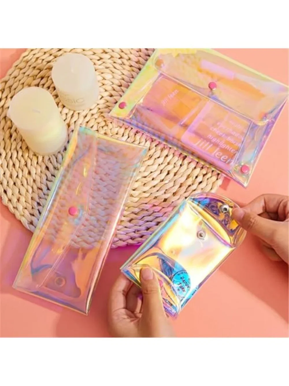 3 Pcs Holographic Makeup Bag Iridescent Pencil Pouch Clear Wallet Transparent